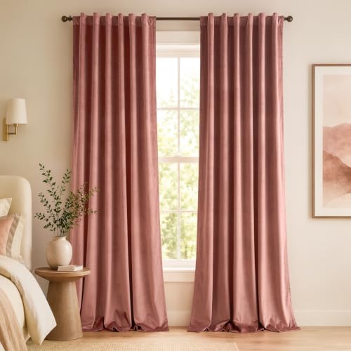 Image of Dusty Rose Velvet Curtains Privacy Soft Romantic 96 Inch 2 Panels | soft, block light, for bedroom living room, light shifting textured, luxury drape, cozy ambiance, rod pocket, back tab