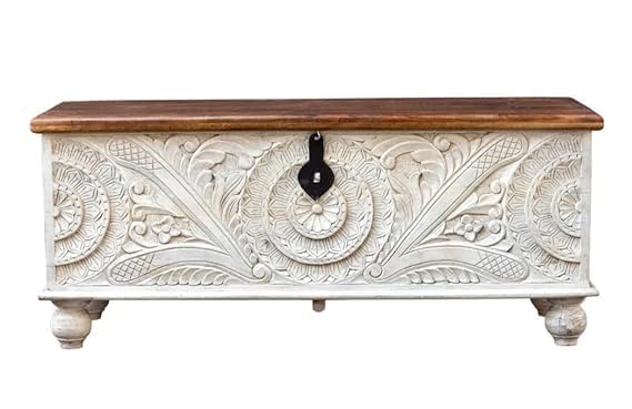 Image of Solid Mango Wooden Handcarved Wooden Storage Trunk | Coffee Table | Center Table For Living room, Bedroom, Hotel & Home, White Distress, (45D x 106W x 45H Centimeters)
