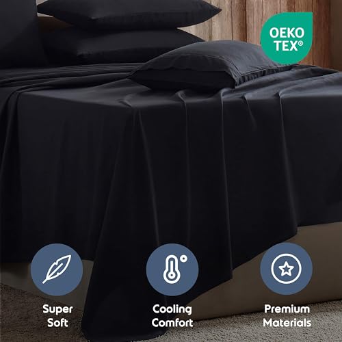 Image of Nestl Extra Deep Full Sheet Set - 6 Piece Breathable & Cooling Sheets - Hotel Luxury Bedding Set w /18-24 Inch Deep Pockets - Easy & Secure Fit - Super Soft, Wrinkle Free & Comfy - Black