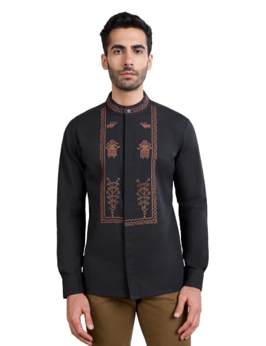 Image of Amazon Brand - Symbol Men's Cotton Blended Full Sleeve Kurta| Regular Fit | Ethnic Motif Embroidery Mandrin Collar| Front Full Open | Available in Plus Sizes