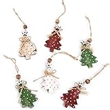 6 kleine 9,5 cm lange – ohne Schnur gemessen - Holzbäume zum Aufhängen an den Weihnachtsbaum, an Weihnachtsgeschenke, an einen Weihnachtsstrauß oder einen Türkranz.