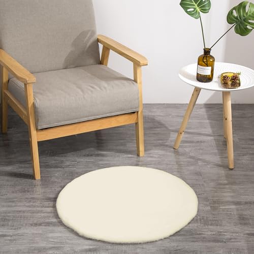 Kunst-Fell-Teppich Deko Sitzkissen | Flauschige Stuhlauflage für Schlafzimmer, Wohnzimmer oder Kinderzimmer | rutschfest und waschbar | Beige - Rund 45cm