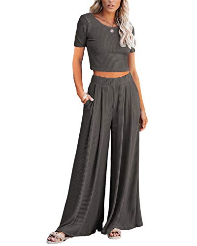 Lveberw Pajamas Set Womens, Lounge Set, Ribbed Crop Top Long Sleeve, Wide Leg Pants - Loose Sweatsuit Knit Sleepwear (S Dark Grey, Medium)