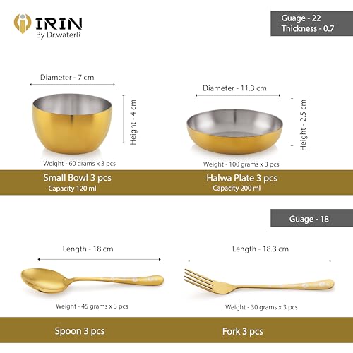 Image of iRiN by Dr.WaterR Parivar Stainless Steel Designer Dinner Set Gold PVD | Kitchen Set | Ideal for Home | Restaurant | Gifting | Wedding | Bowls, Plate, Glass, Spoon, Fork (Pack of 24pcs- for 3Person)