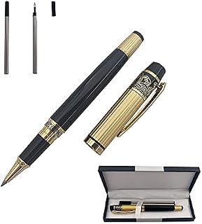 Accod Comfortable Grip Metal Rollerball Pen Business Signature Pen Fluent Writing Pen with Two 0.5mm Replacement Black Refills Gift Pen Premium Gift Box (Black&Gold)