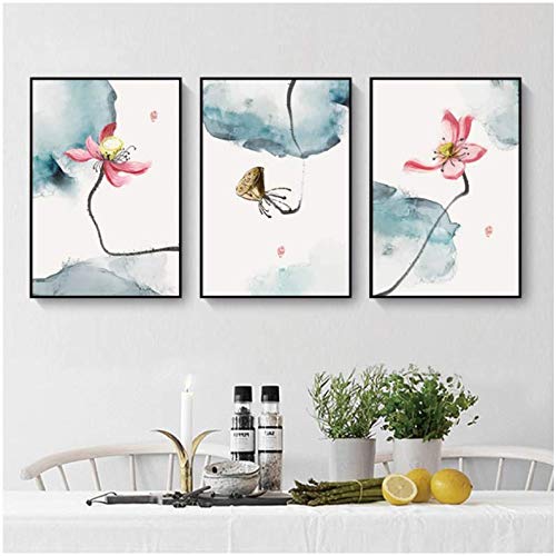 Impression sur toile fleur de lotus style chinois, tableau moderne 50x70cm sans cadre de chambre