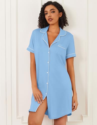 Image of Ekouaer Nightgowns for Women Bamboo Viscose Sleep Shirts Button Down Night Shirt Short Sleeve Boyfriend Pajama Dress