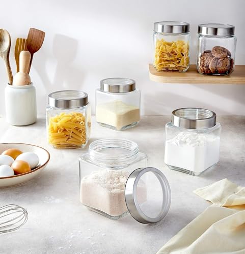 Image of CROCO JAR Square Glass Storage Containers 1750ml | Transparent Airtight Kitchen Jars with Steel Lid | Cubical Glass Jars for Pantry, Snacks, Dry Fruits, Masala, Pickle & Coffee Beans | Pack of 2