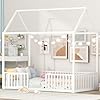 Twin floor bed with door and fence metal montessori bed twin size kids montessori floor bed with roofhouse floor bed for kids girls boys twin floor bed white  urban country home decor