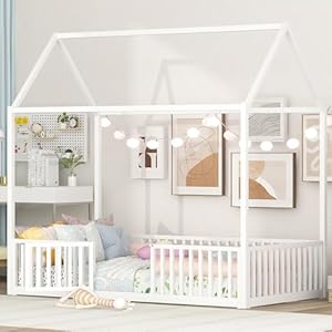 Twin floor bed with door and fence metal montessori bed twin size kids montessori floor bed with roofhouse floor bed for kids girls boys twin floor bed white  urban country home decor
