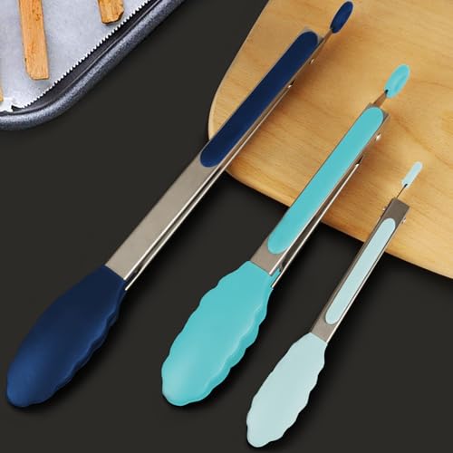 Image of HOTEC Premium Stainless Steel Locking Kitchen Tongs with Silicon Tips, Set of 3-7 inch, 9 inch and 12 inch (Gradient Blue)
