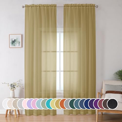 Image of OWENIE Gold Sheer Curtain 96 Inch Long 2 Panels Set, Light Filtering Clear Rod Pocket Soft Sheer Curtain 95 for Bedroom /Living Room, 2Pcs, Each 42 inch W x 96 inch L,Gold