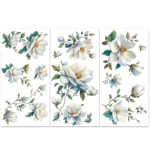 PLIGREAT 3 Hojas de Magnolia Frotar en Transferencia para Muebles - Pegatinas de Flores Acuarela Vintage para Armario de Madera, Scrapbooking y Artesanía