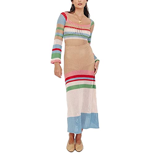 Damen Gestrickte Strandkleid Strandurlaub Badeanzug Sexy Cutout Casual Lang Kleider Frühling Herbst Sommer (M, Blau) Cover