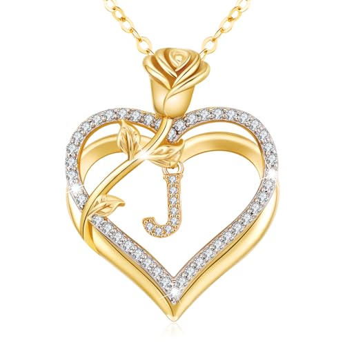 llyish Gold Necklaces for Women Heart Necklace with Rose Pendant Real 925 Sterling Silver/Brass Fine Jewellery Birthday Gifts for Women Her Girlfriend Wife Valentines Anniversary Mothers Day