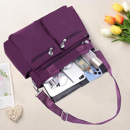 Image of Nylon Tote Bag for Women, Multi Pockets Crossbody Purse for Work Travel, Waterproof Shoulder Bag with Zipper