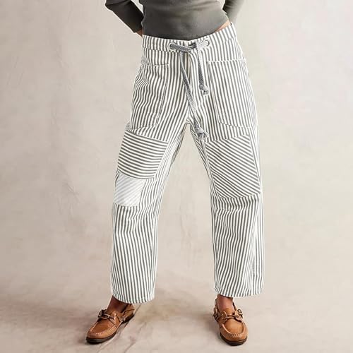 Women Striped Barrel Pants Drawstring Elastic Waist Patched Wide Leg Cord Pants Baggy Trousers with Pockets2