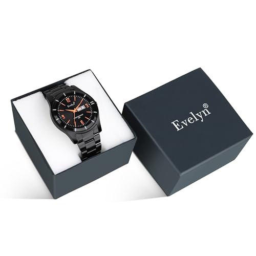 Image of Evelyn Classic Men's Watch, Black Stainless Steel, Analog Display, Day-Date Function, Rose Gold Accents Eve 165