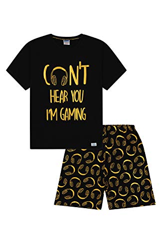 Design copyright 2014 Can\'t Hear You I\'m Gaming - Pigiama corto in cotone nero dorato, Nero , 15-16 Anni