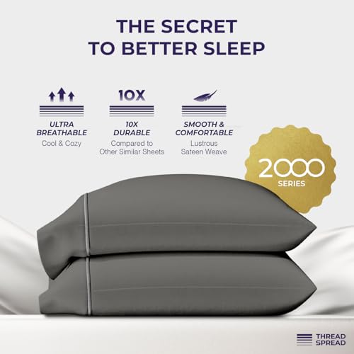 Image of THREAD SPREAD 100% Egyptian Cotton Pillow Cases Queen Size Set of 2 - Luxury 2000 Series Queen Pillow Cases (21 inch x 32 inch, Dark Grey), Soft Cooling Envelope Closure Hotel Like Egyptian Cotton Pillowcases