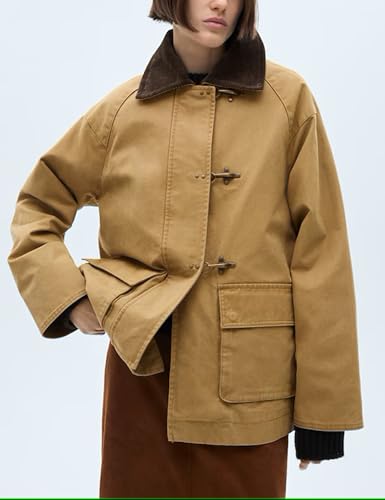Lumister Womens Oversized Barn Jacket Contrasting Lapel Collar Retro Button Down Casual Canvas Coat Outwear3