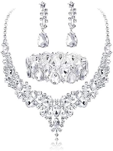Udalyn Crystal Bridal Jewelry Sets for Women Necklace Earrings Bracelet Set for Wedding Rhinestone Bridesmaid Gifts fit with Wedding Dress