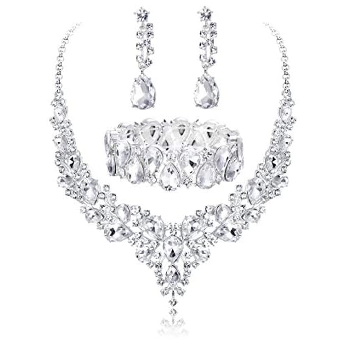 Udalyn Crystal Bridal Jewelry Sets for Women Necklace Earrings Bracelet Set for Wedding Rhinestone Bridesmaid Choices fit with Wedding Dress