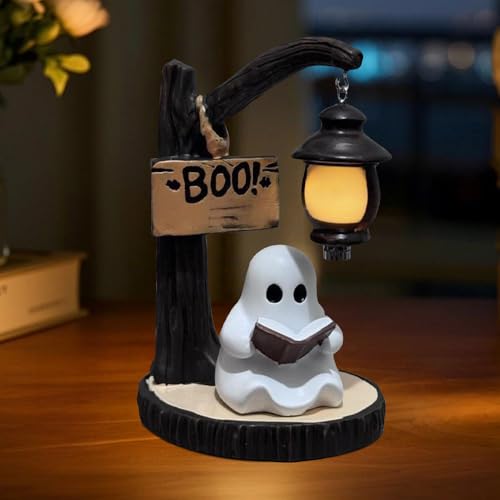 Nzkeuf Niedliche Geister Leselampe Geisterlampe mit Buch LED Nachttischlampe 3D LED Geister Statue Halloween Deko für Leser und Buchliebhaber Einweihungspartys Kinderzimmer