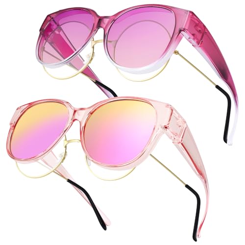 Apricitie 2 Stück Überzieh Sonnenbrille Polarisiert Sonnenbrille Über Normale Brille für Brillenträger over Glasses Sunglasses Schwarz Violetter Farbverlaufsrahmen Rosa + Lila