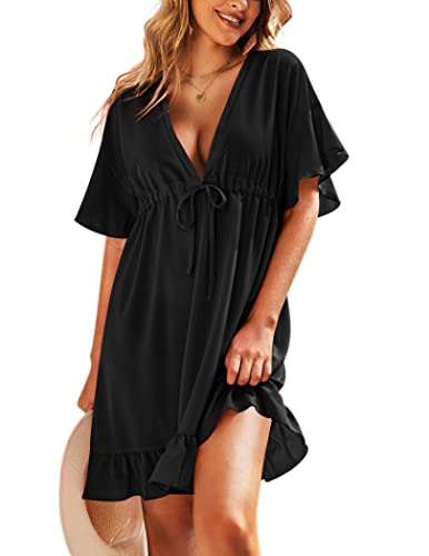 AI'MAGE Swimsuit Cover Ups Women's Bathing Suit V Neck Ruffle Sleeve Soft Coverups Dress