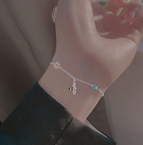 Cute Daisy Flowers Honeybee Sterling Silver Cubic Zirconia Bracelet - Silver with Colorful Crystals - 73 Inch Link Chain - Fine Jewelry - Female - Adult - Floral Collection3