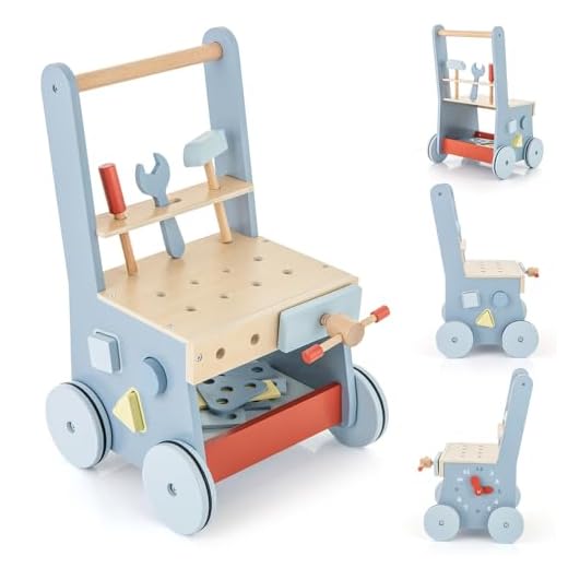 DREAMADE 2 in 1 Lauflernwagen aus Holz, mini-Werkzeugbank mit Rädern, Lauflernhilfe für Mädchen und Jungen, Montessori-Lernspielzeug (Modell 1-Blau)