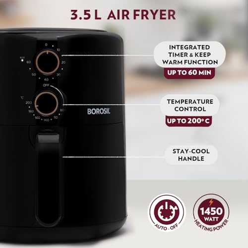 Image of Borosil Best 3.5 L Air Fryer | 4 in 1 Function with QuickFry Technology, Auto Off Function | Air Fryer for Bake, Grill, Roast, Reheat etc. | 90% Less Oil | 2 Year Warranty | Black