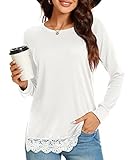 TAOHUADAO Women's Fall Casual Long Sleeve T-Shirt Side Split Lace Hem Tunic Tops for Leggings Loose Crewneck Sweater Large, White