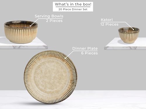 Image of Bodhi House Premium 20-Piece Stoneware Dinner Set Serving for 6 - Handcrafted Ceramic Plates, Bowls & Serving Bowls | Microwave & Dishwasher Safe | Elegant Modern Tableware Crockery Rustic Sand Beige