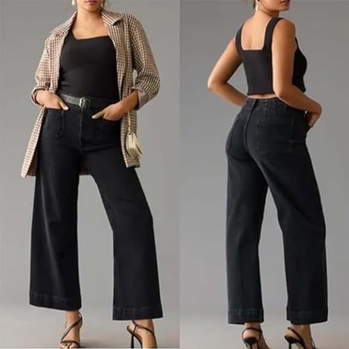 Tummy Control Cropped Wide-Leg Jeans for Women,Cropped Jeans，Cropped Wide Leg Pants with Patch Pocket3