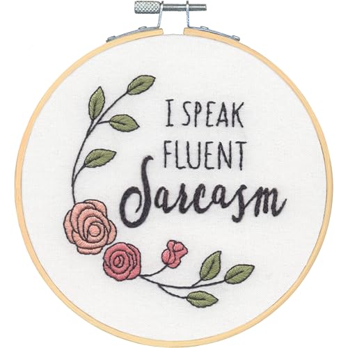 Image of Dimensions 72-70394 Fluent in Sarcasm Embroidery Needlepoint Kit for Beginners, 6 inch Diameter Hoop, Multicolor, 5 Pieces