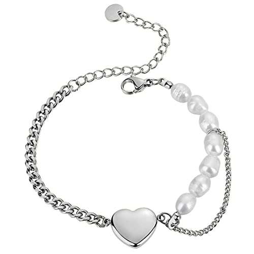 Flongo Pulsera Perla Corazón Cuba: Pulsera Cubana de Acero Inoxidable Empalmada con Corazón Brillante de Perla Natural Ajustable - Regalo para Día de la Madre San Valentín Plata