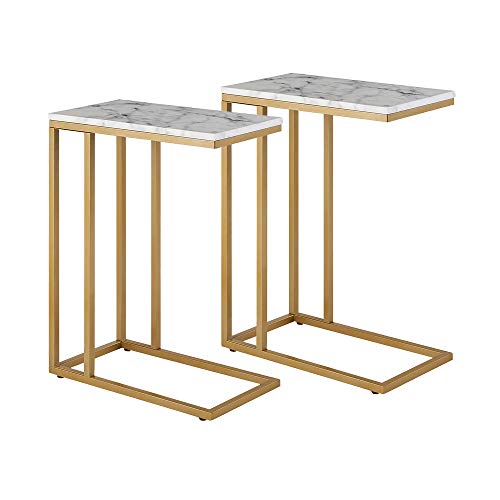 ROSEN GARDEN C-Shape Side End Table, Faux Marble Tray Snack Table with Metal Frame, Laptop Coffee Holder, Modern Furniture (Gold,2pcs)