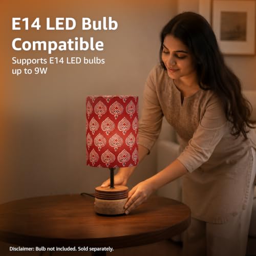 Image of Amazon Basics Phulwari Crimson Table Lamp | Hand-Painted Mango Wood Base with Printed Polyester Shade | E14 Holder | Decorative Night Lamp for Bedroom, Living Room & Study Room | Home Decor Gift