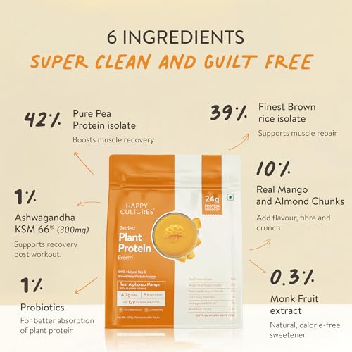 Image of Happy Cultures 24g Tastiest Plant Protein| Real Alphonso Mango, Almond Chunks & Ashwagandha (KSM 66) |Pea & Brown Rice Protein Isolate| No Added Sugar| Vegan| 20 Complete Amino Acids | Monk Fruit Extract| Women & Men| No Bloating, Easy to Digest| Dairy Free with Probiotics - 505g