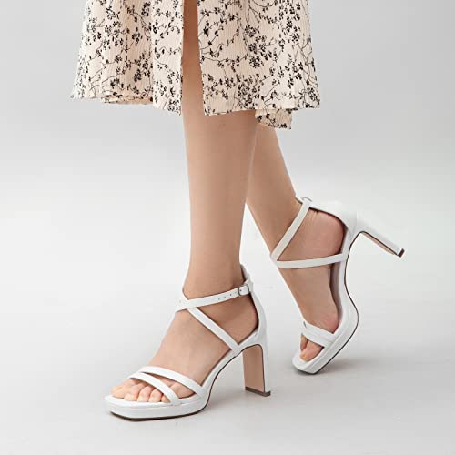 Greatonu Women's Heeled Sandals Open Toe Ankle Strap Strappy High Chunky Block Heel Pump Sandals Platform Heels-White-Size8 #TOP5