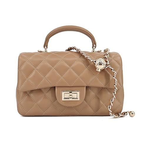 Image of M-ioi-M Small Quilted Crossbody Bag for Women, Genuine Leather Mini Shoulder Flap Purse with Gold Chain Strap & Top Handle