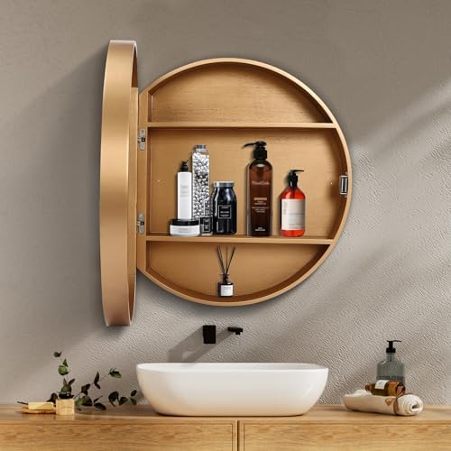 20" Round Bathroom Mirror Cabinet, Wall Mounted Storage Medicine Cabinet with Mirror, Wooden Round Wall Storage Cabinet for Bathroom, Stylish & Functional Design