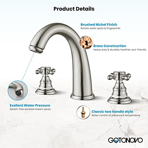 Gotonovo 3 Hole Widespread Bathroom Faucet Brushed Nickel 8 Inch Double Cross Handle Mixer Bathroom Sink Tap Deck Mount Hot Cold Water Matching Pop Up Drain With Overflow thumb #7