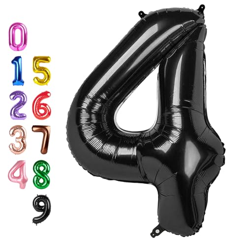 Image of Number Balloons 4 Balloon Black for 4th Birthday Party Decorations, 40 inch | Saturated Color, Large 40 inch, With Inflation Straw & Hanging Holes, Great for Men's Birthday, Gothic Theme Party, Halloween
