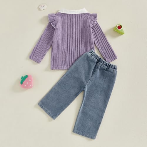 fhutpw Baby Toddler Girl Clothes Knit Ribbed Lapel Collar Long Sleeve Ruffle Pullover & Embroidery Jeans Fall Winter Outfits3