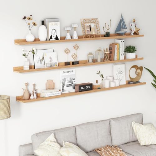 Image of Genuine Decor 72 Inch Natural Wood Floating Wall Shelf, Extra Long Storage Shelf