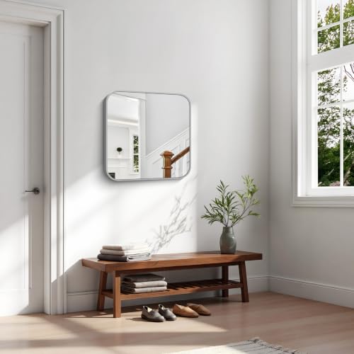 Image of KOCUUY Silver Bathroom Mirror, 24x24 Inch Bathroom Mirror for Over Sink, HD Tempered Glass, Anti-Rust Brushed Silver Frame, Rounded Corner Modern Design for Bathroom, Hang Horizontal /Vertical