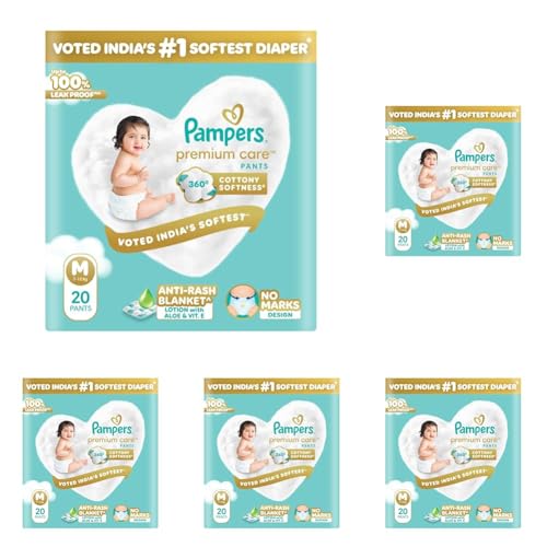Image of Pampers Premium Care Pant Style Baby Diapers M 20 Count | No Marks Design | Voted India's #1 Softest Diaper | All in 1 diaper with 360 Cottony Softness (Pack of 5)